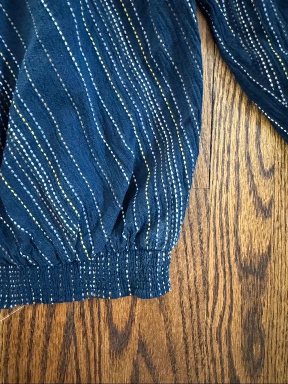 #557 FREE PEOPLE Floating Memories Navy Striped Lace Balloon Sleeve Peasant Top